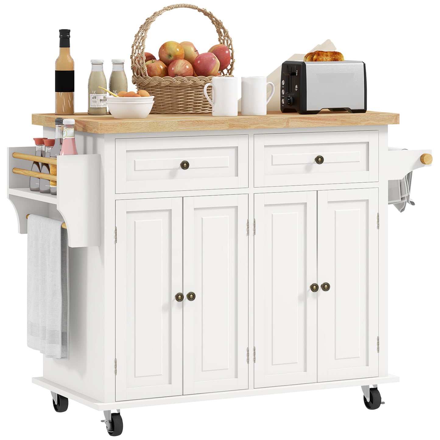 Vivali Rubberwood And Wooden Cream White Rolling Kitchen Island With Drawers And Storage