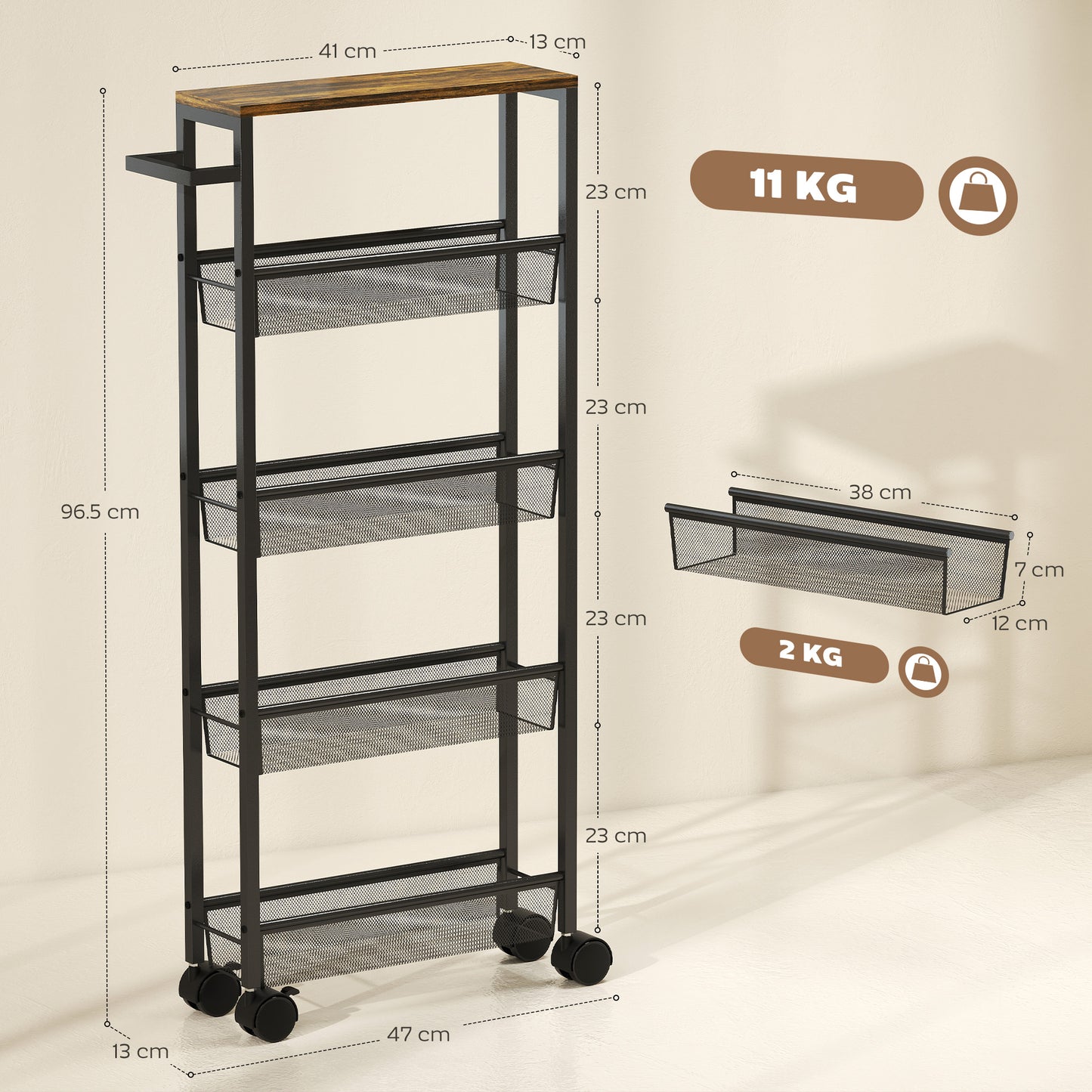 Raelno Metal Black 5 Tier Slim Storage Trolley With Wood Effect Top And Handle