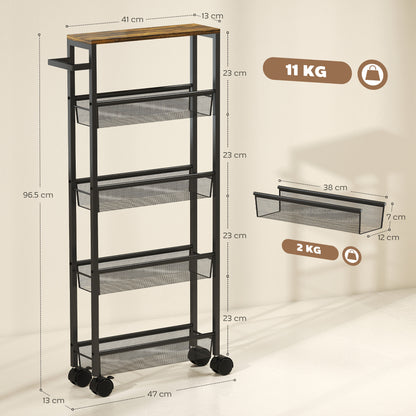 Raelno Metal Black 5 Tier Slim Storage Trolley With Wood Effect Top And Handle