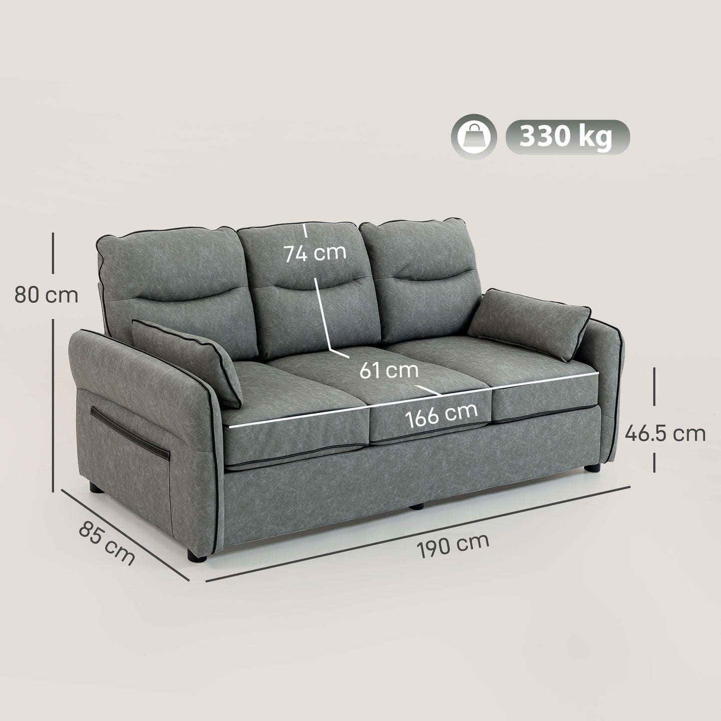 Pamazi Grey Faux Leather 3 Seater Sofa