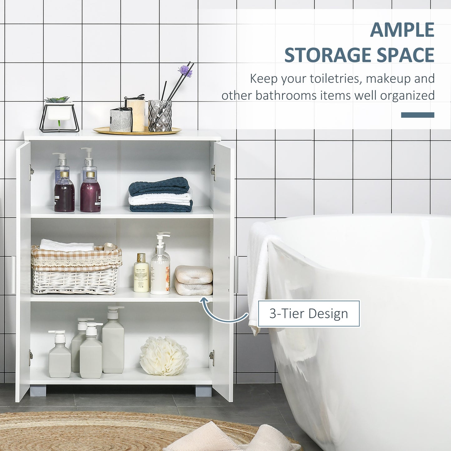 Nonove White Freestanding Linen Storage Cabinet With 3 Tier Shelving