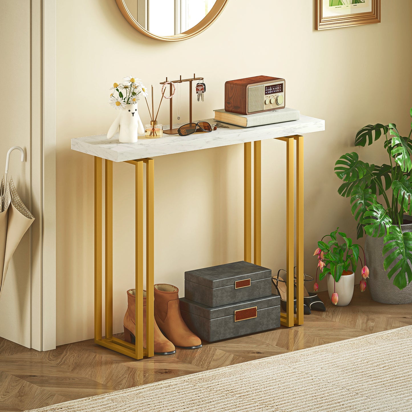 Mahota Metal And Faux Marble White Slim Entryway Console Table With Safety Bracing