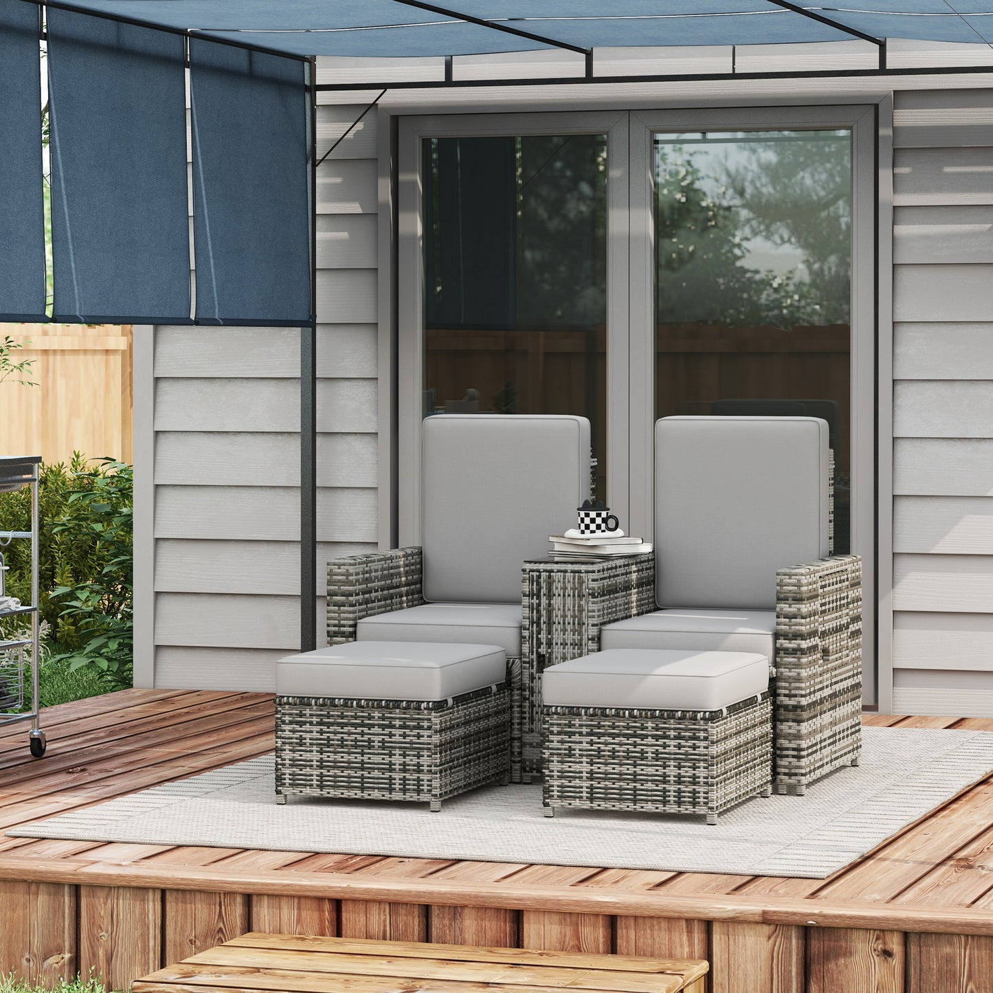 Saelmo Grey Rattan Sun Lounger Set With Storage Tea Table And Footstools