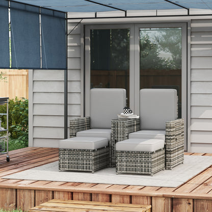 Saelmo Grey Rattan Sun Lounger Set With Storage Tea Table And Footstools