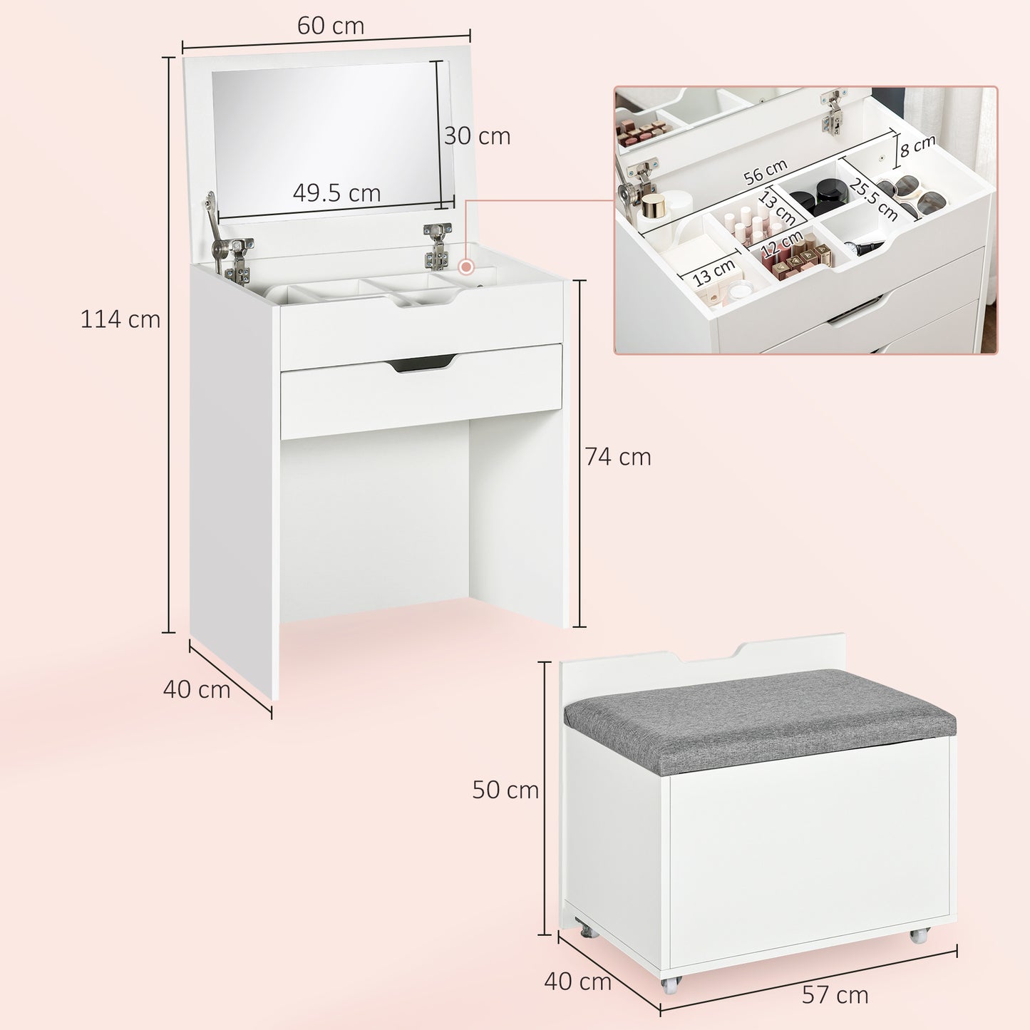 Nohadi White Dressing Table With Flip Up Mirror Hidden Storage Compartments And Drawer Unit