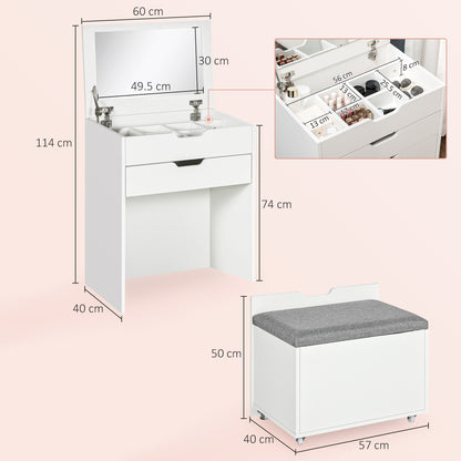 Nohadi White Dressing Table With Flip Up Mirror Hidden Storage Compartments And Drawer Unit