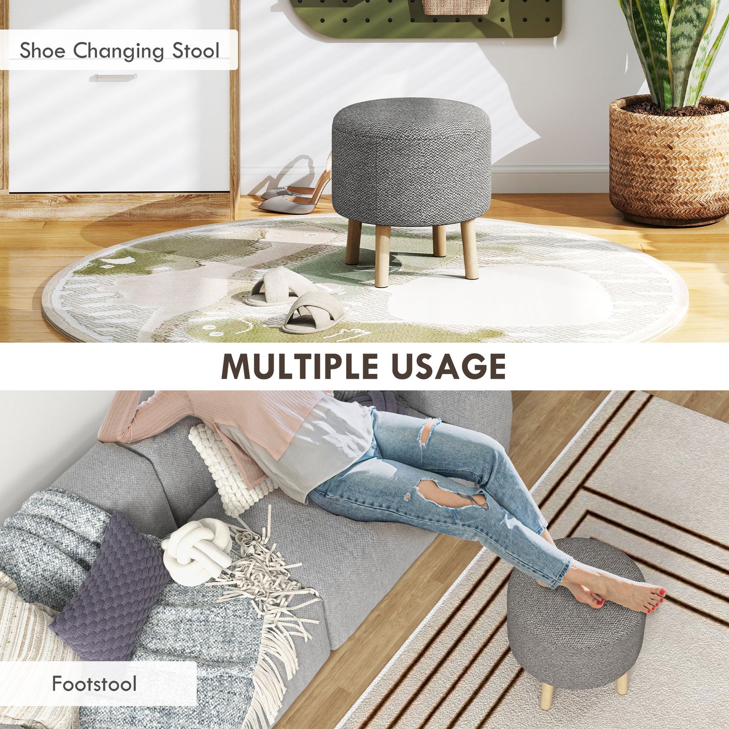 Roli Linen Look Light Grey Round Storage Ottoman