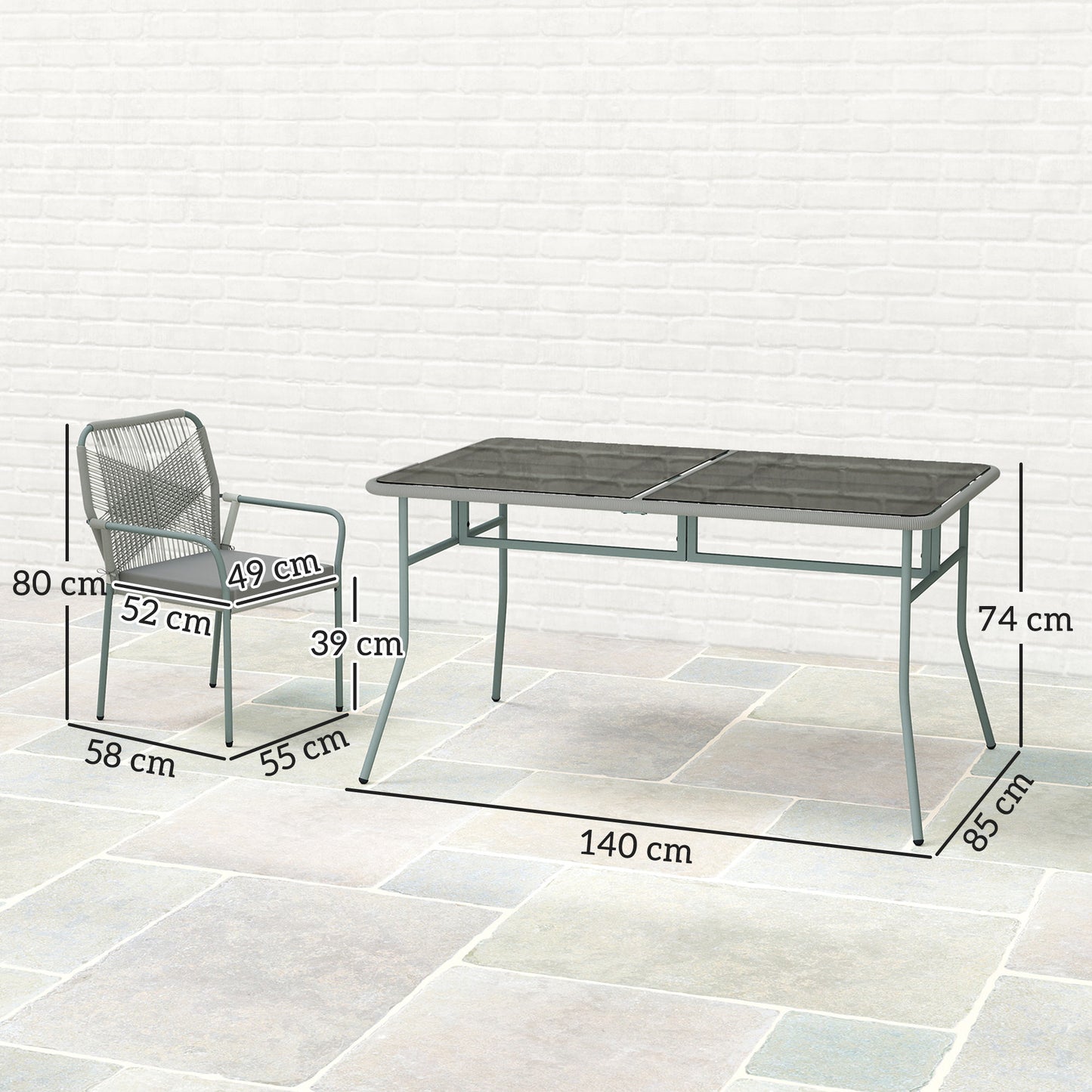 Rolapa Rattan Rope Grey 4 Seater Outdoor Garden Dining Set With Stackable Chairs