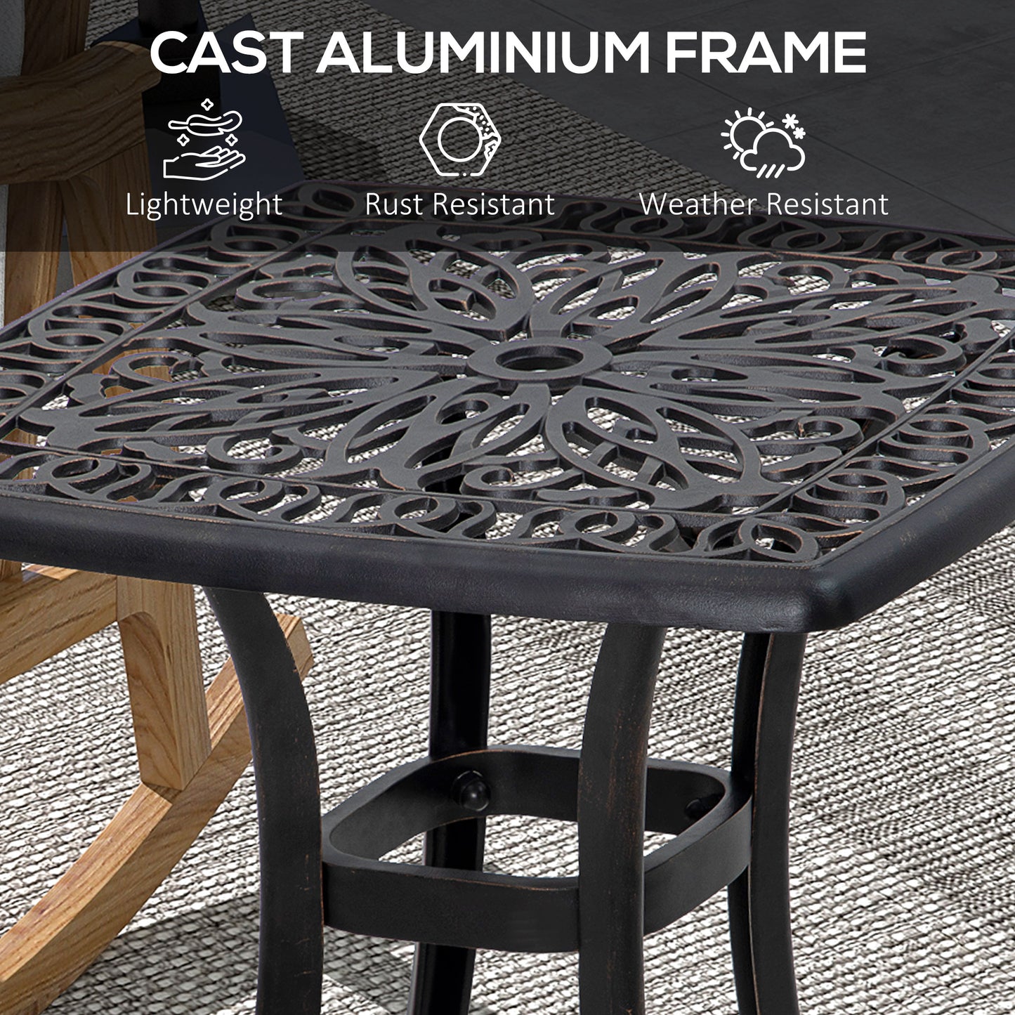 Kesa Cast Aluminium Bronze Square Outdoor Bistro Table With Umbrella Hole