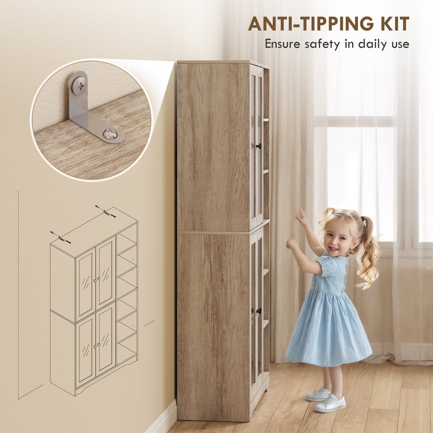 Mole Pantry Wooden Grey Wood Effect Kitchen Storage Cabinet With Glass Doors