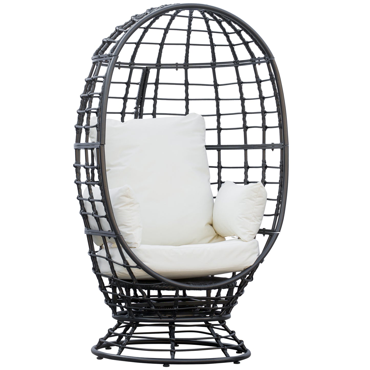 Rasu Rattan Black Swivel Egg Chair With White Cushion And Pillow