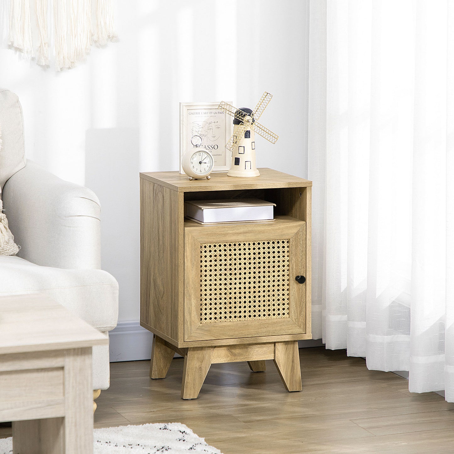 Vini Raba Natural Wood Bedside Table With Rattan Drawer and Door