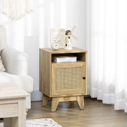 Vini Raba Natural Wood Bedside Table With Rattan Drawer and Door