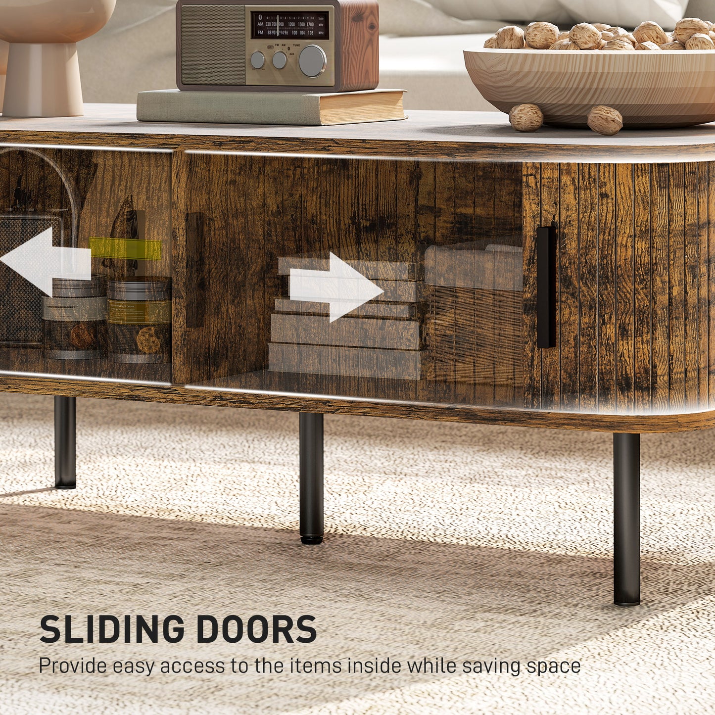 Ninoma Wooden Rustic Brown Rectangular Coffee Table With Tambour Doors