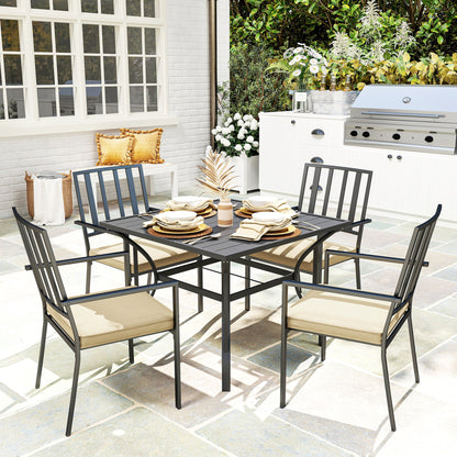 Nonilu Metal Black and Cream 4 Seater Garden Dining Set With Cushions Stackable Chairs and Parasol Hole