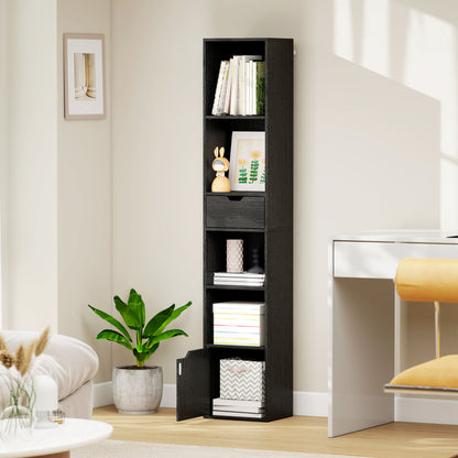 Nota Wooden Black Tall Narrow 6 Tier Bookcase With Drawer And Door