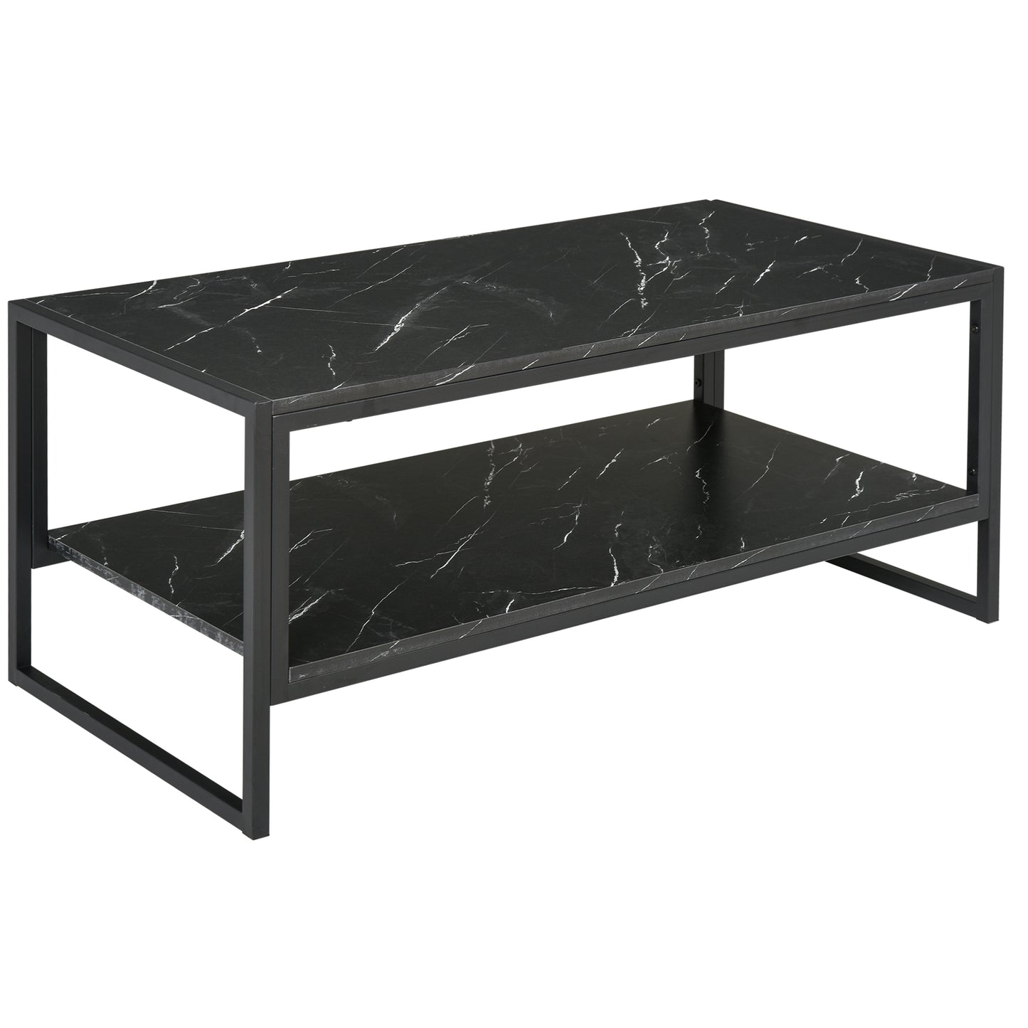 Minaba Metal And Wood Black 2 Tier Marble Effect Coffee Table With Bottom Shelf