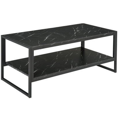 Minaba Metal And Wood Black 2 Tier Marble Effect Coffee Table With Bottom Shelf