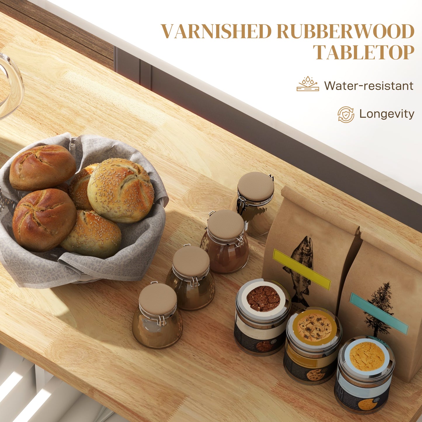 Vivali Rubberwood And Wooden Cream White Rolling Kitchen Island With Drawers And Storage