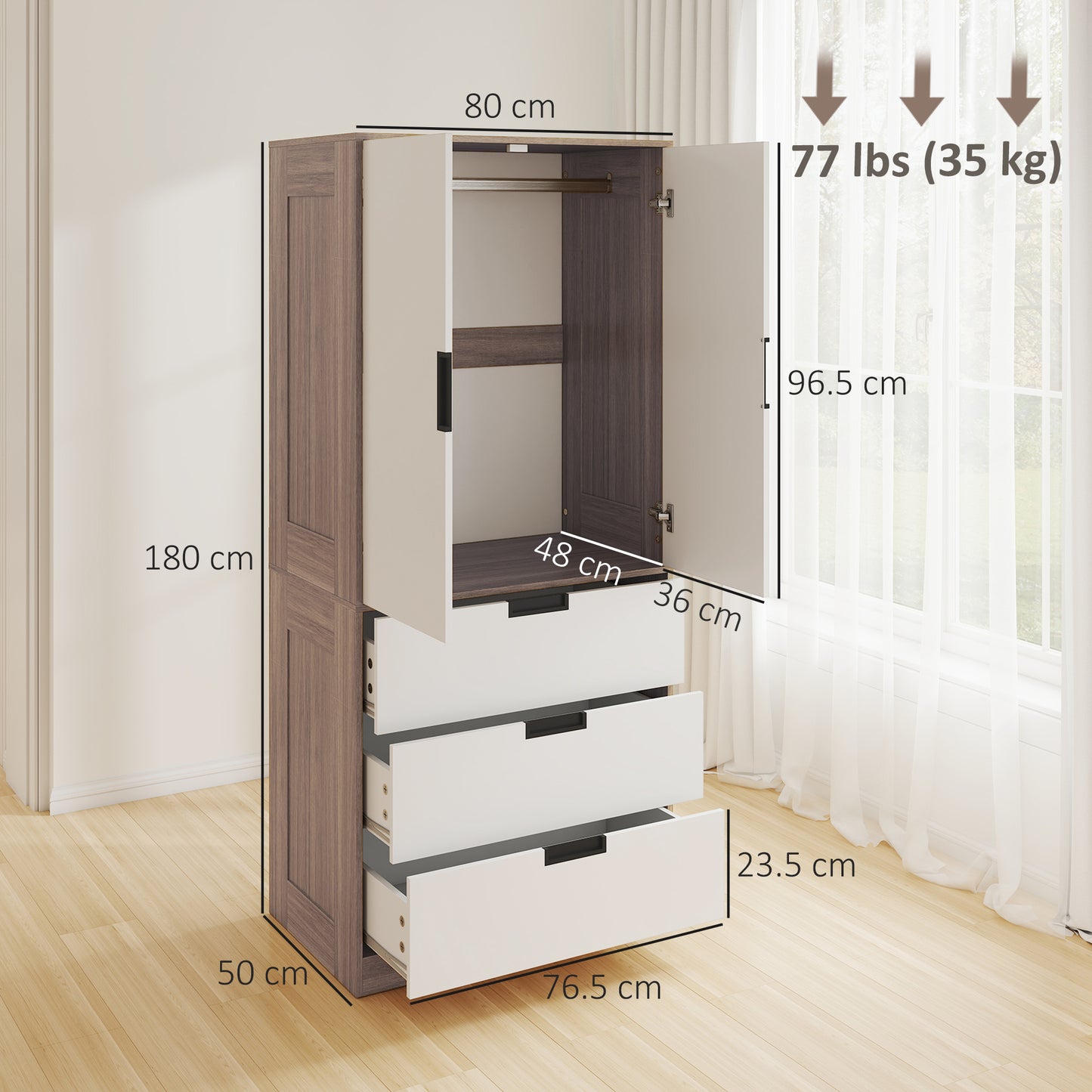 Coracasa White And Brown 2 Door Wardrobe With Hanging Rail and 3 Drawer Storage Unit