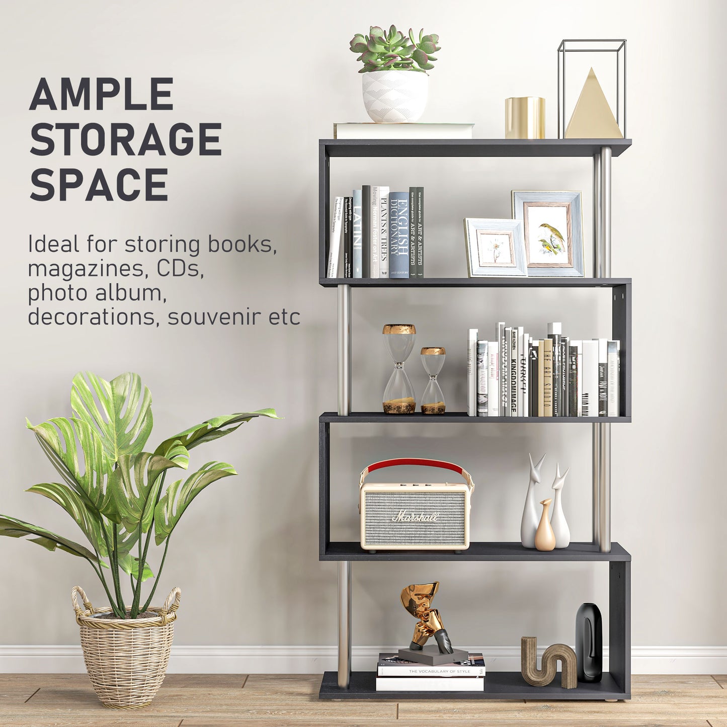 Fire Wood Black 5 Tier S ShaFauxd Freestanding Bookcase