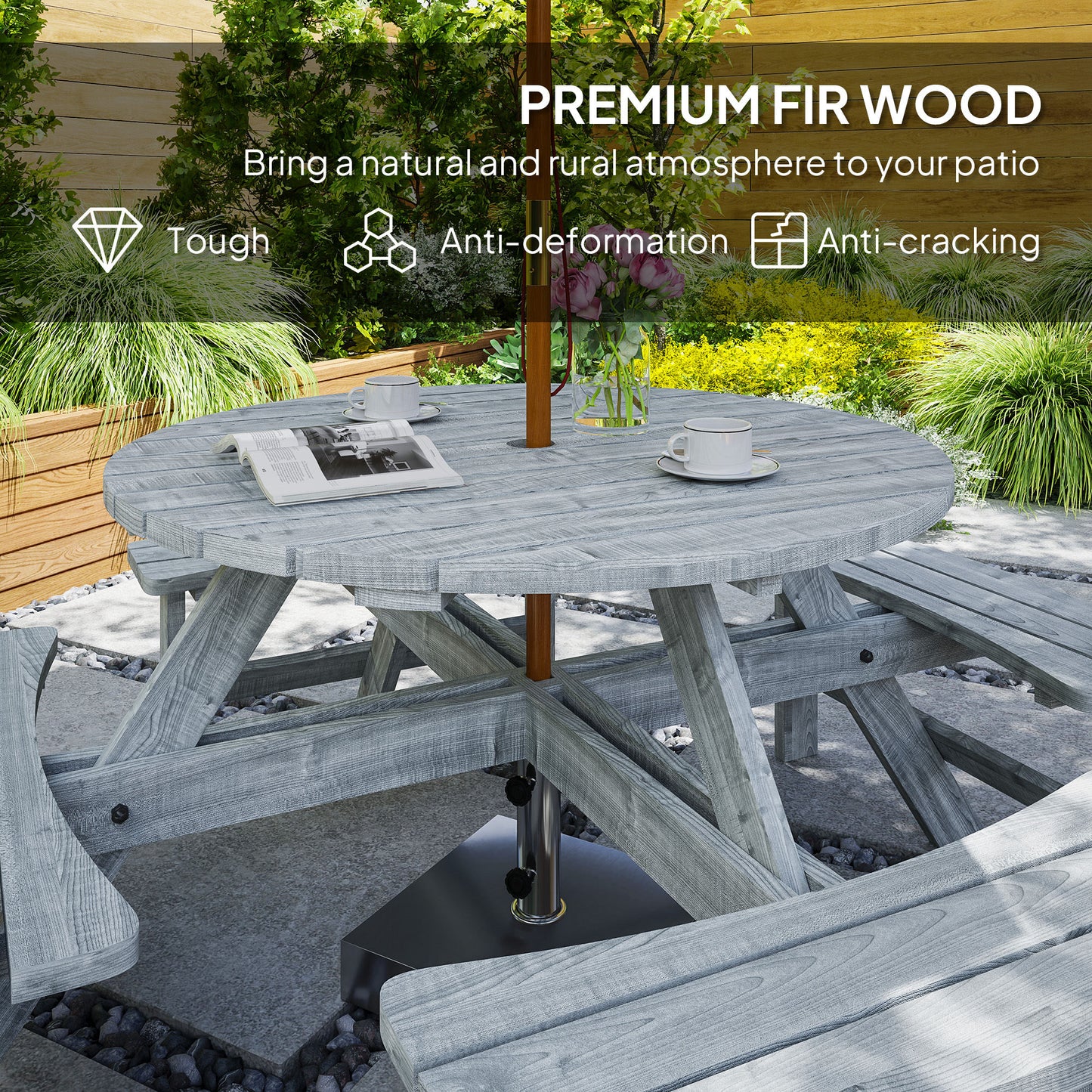 Neel 8 Seater Grey Wood Round Garden Picnic Set Table and Benches