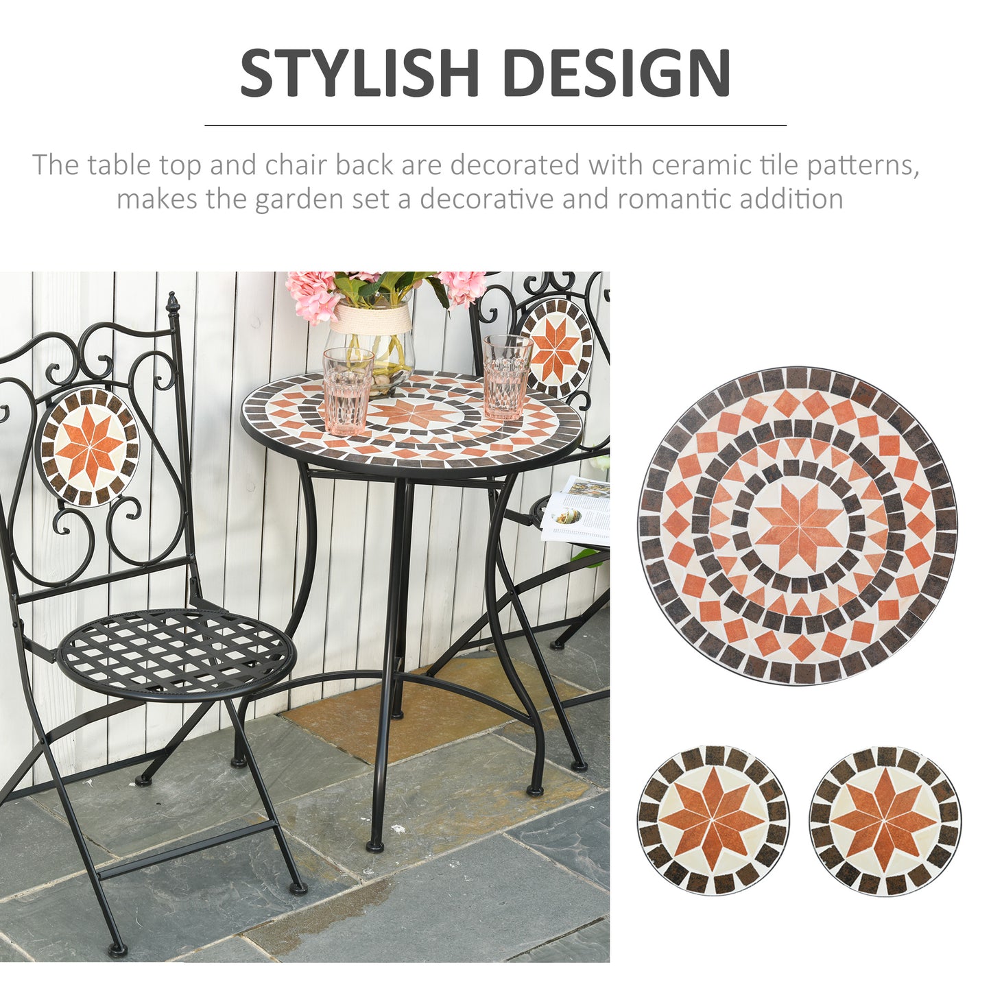 Rakamo 3 Piece Mosaic Garden Outdoor Bistro Table And Chair Set Orange