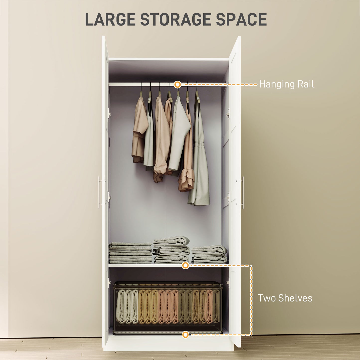Coravello Wooden White 2 Door Wardrobe With Hanging Rail and Shelf