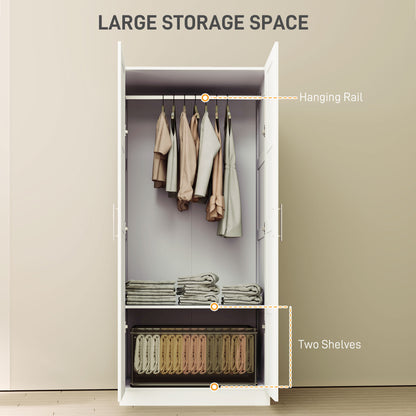 Coravello Wooden White 2 Door Wardrobe With Hanging Rail and Shelf
