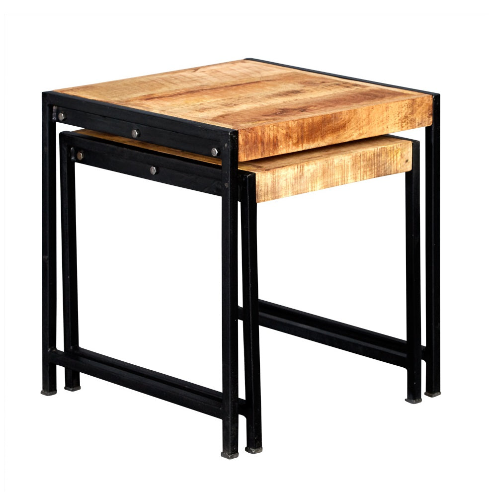 Set of Toivakka Industrial Reclaimed Wood and Metal Nesting Side Tables