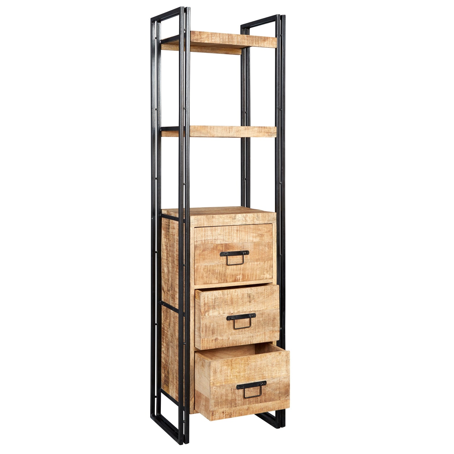 Toivakka Industrial Reclaimed Wood and Metal Narrow Bookcase 3 Drawers