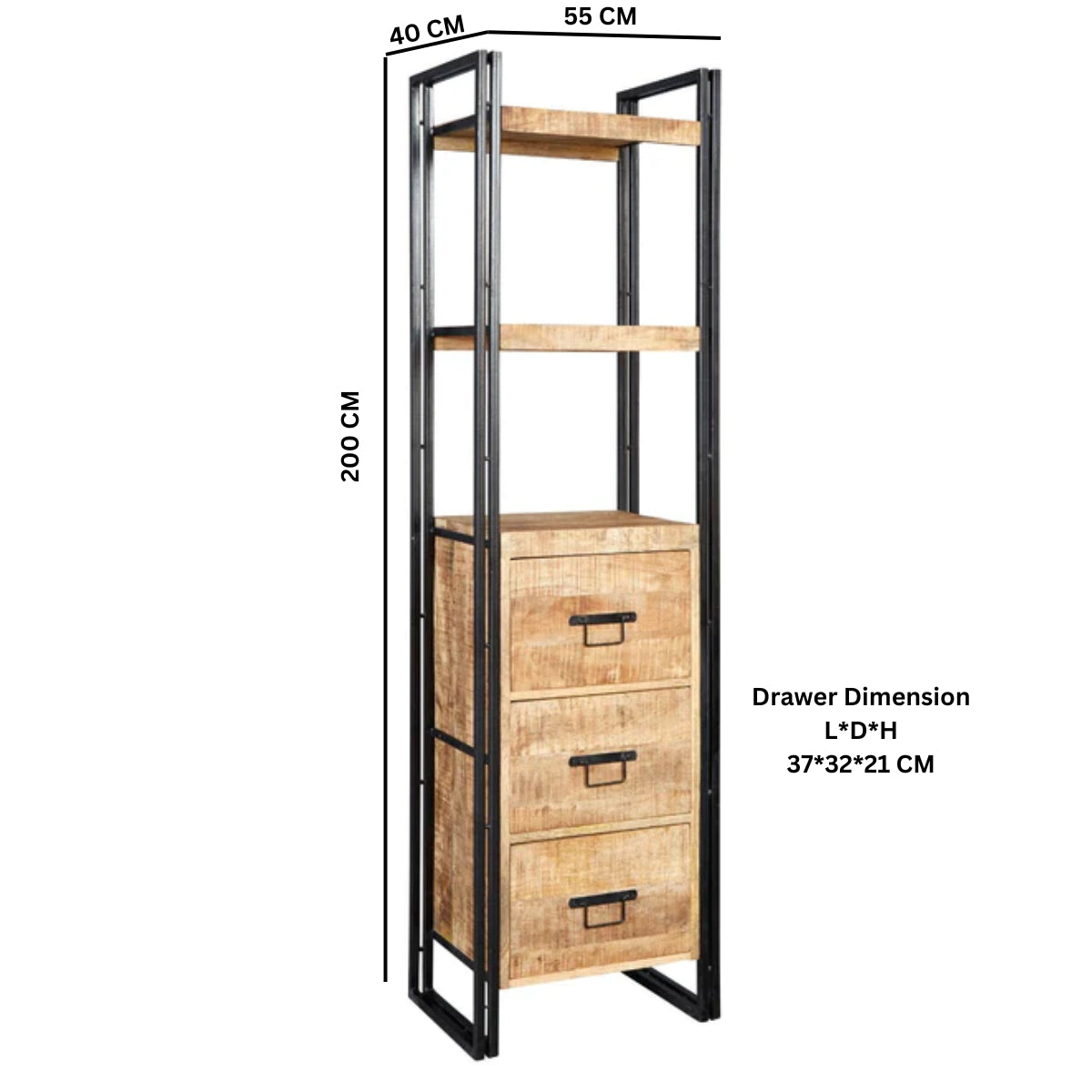 Toivakka Industrial Reclaimed Wood and Metal Narrow Bookcase 3 Drawers