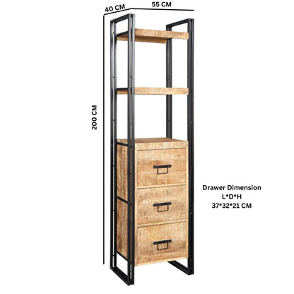 Toivakka Industrial Reclaimed Wood and Metal Narrow Bookcase 3 Drawers