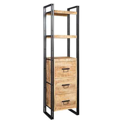 Toivakka Industrial Reclaimed Wood and Metal Narrow Bookcase 3 Drawers
