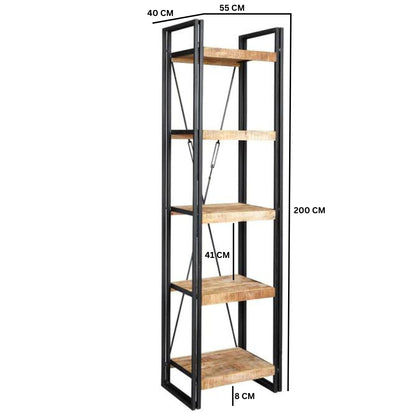 Toivakka Industrial Reclaimed Wood and Metal Narrow Bookcase 5 Shelves