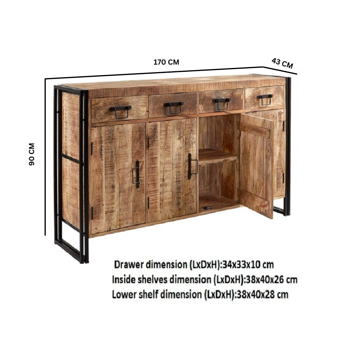 Toivakka Industrial Reclaimed Wood Large Sideboard 4 Drawers 4 Doors