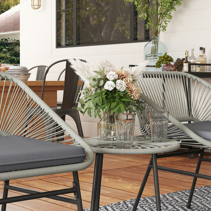 Sorino Rattan Rope Light Grey 3 Piece Outdoor Garden Bistro Furniture Set Glass Coffee Table