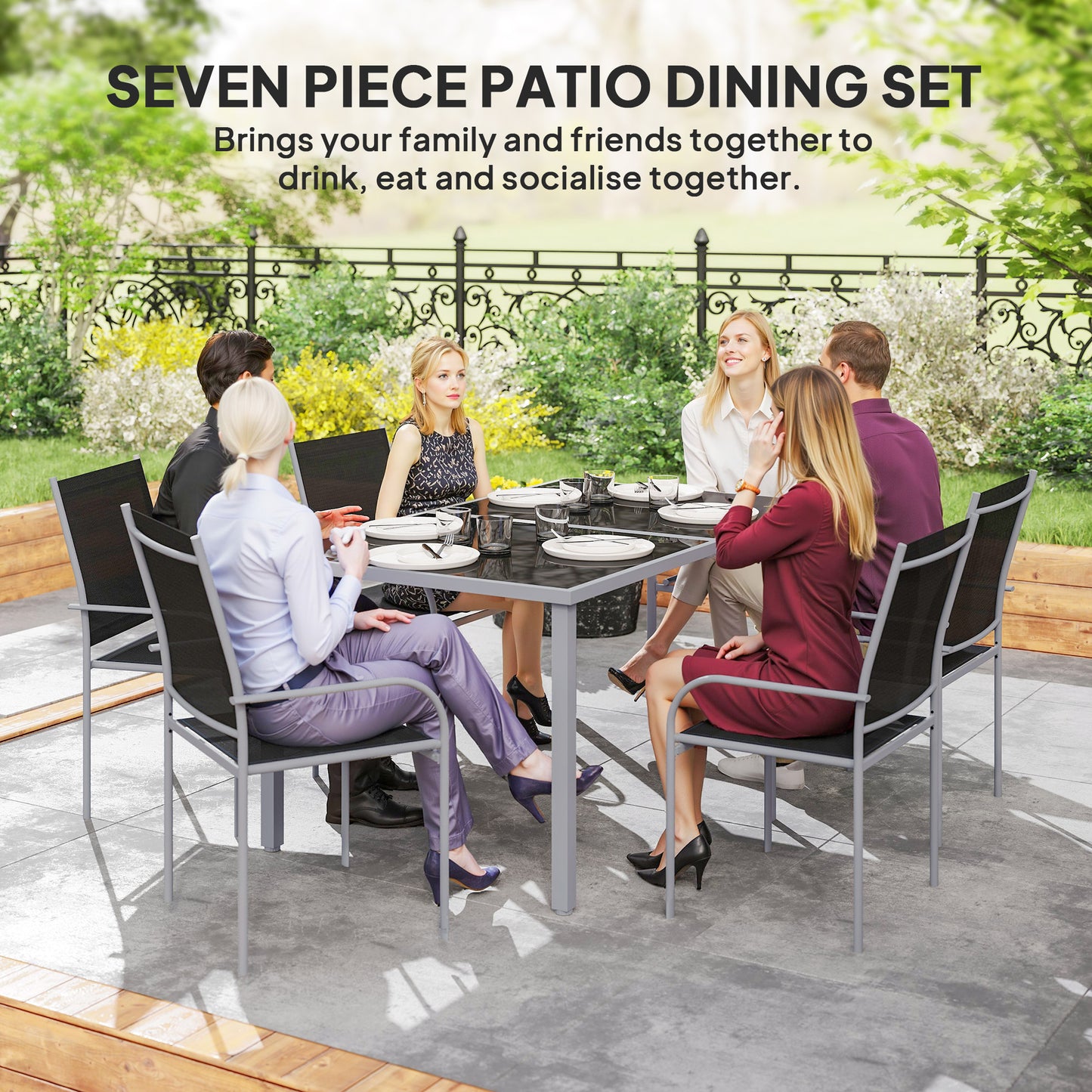 Fivedi 6 Seater Outdoor Garden Dining Set Tempered Glass Top Table and Stackable Mesh Chairs