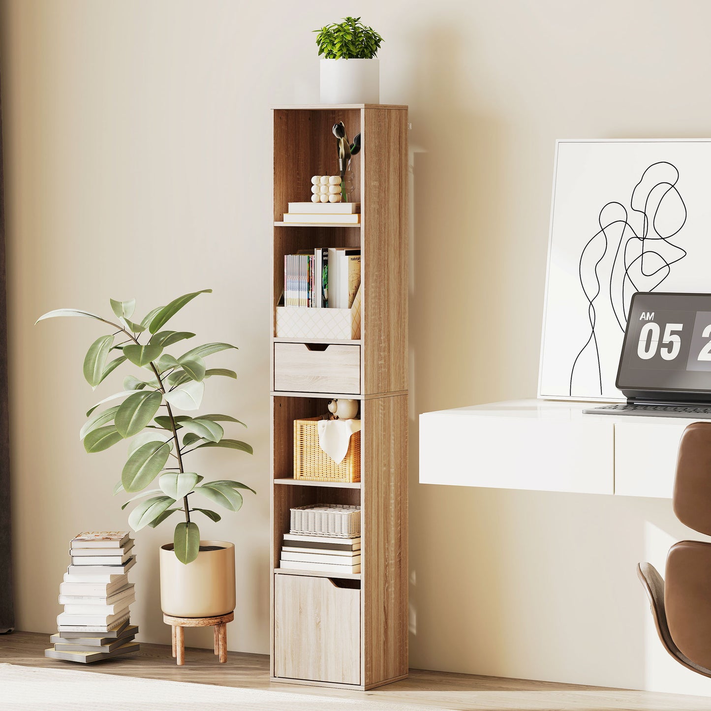Lamoke Colu Wooden Natural Finish Tall Narrow 6 Tier Bookcase With Drawer And Door