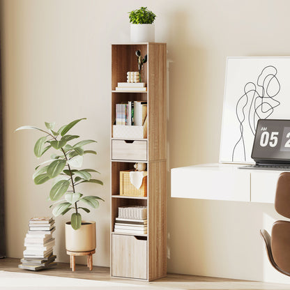 Lamoke Colu Wooden Natural Finish Tall Narrow 6 Tier Bookcase With Drawer And Door