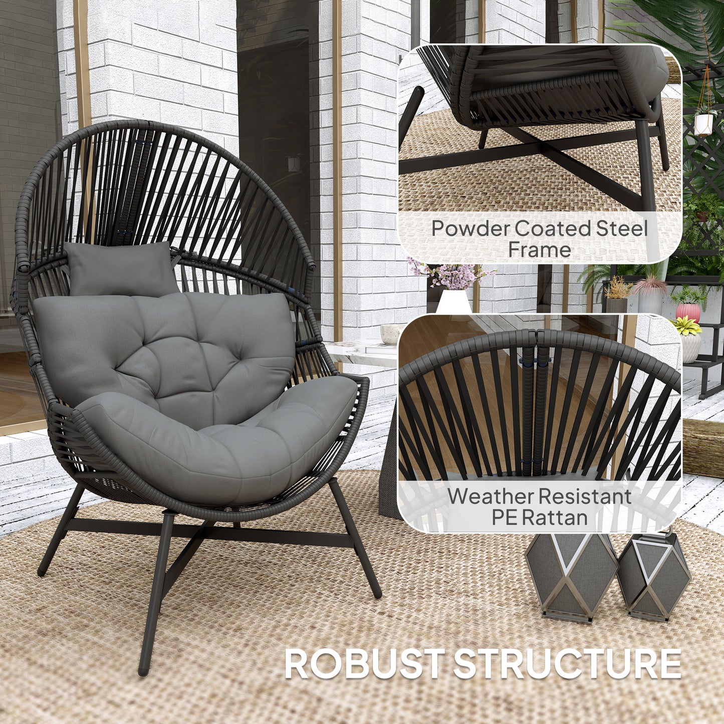 Rataco Rattan Charcoal Grey Oversized Freestanding Egg Chair With Tufted Cushion And Headrest