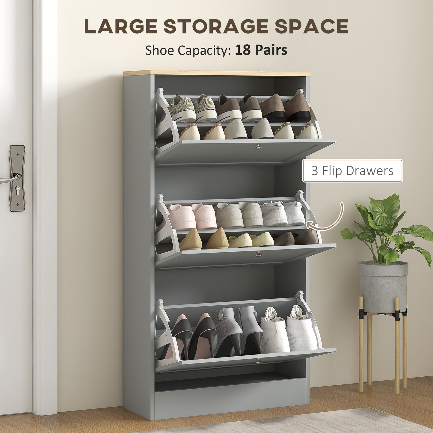 Sari Wooden Grey Compact 3 Drawer Shoe Cabinet