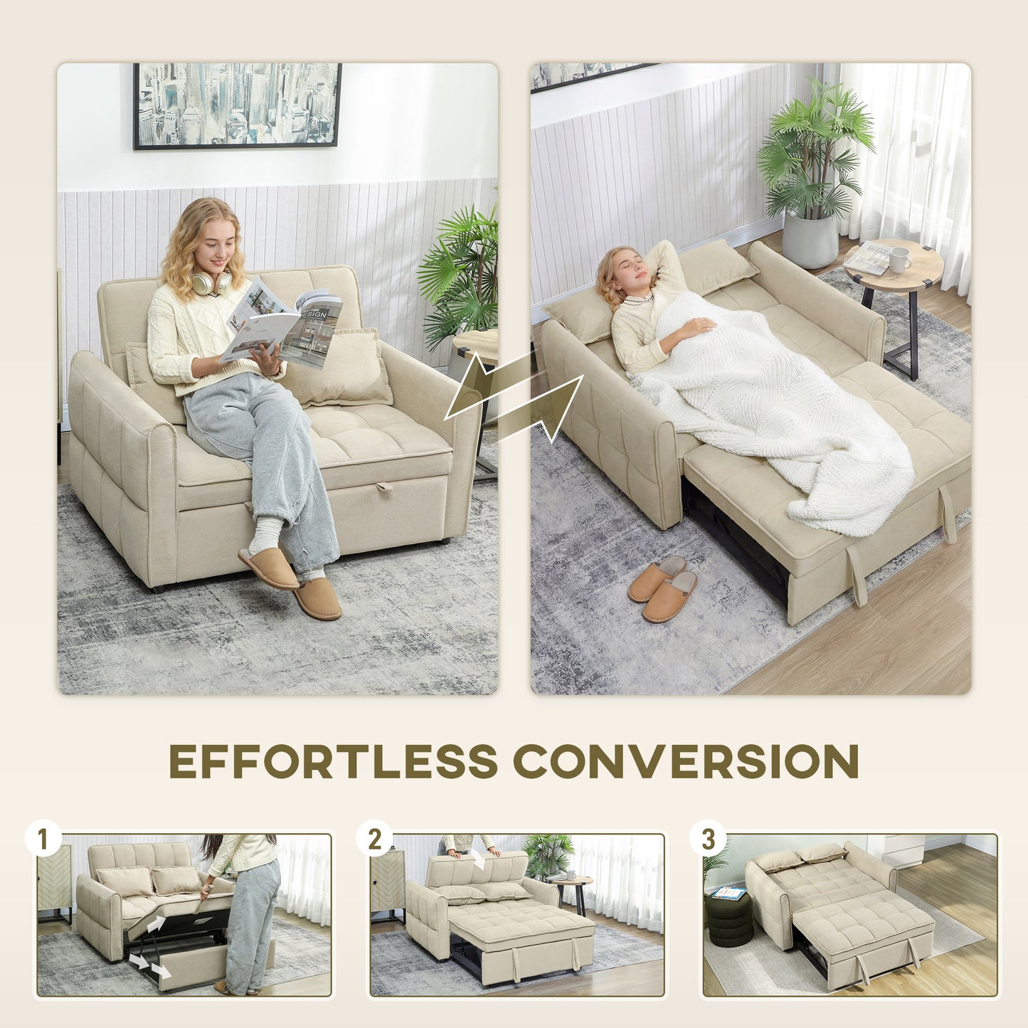 Noel Cream 3 In One 2 Seater Sofa Bed With Adjustable Back And Cushions