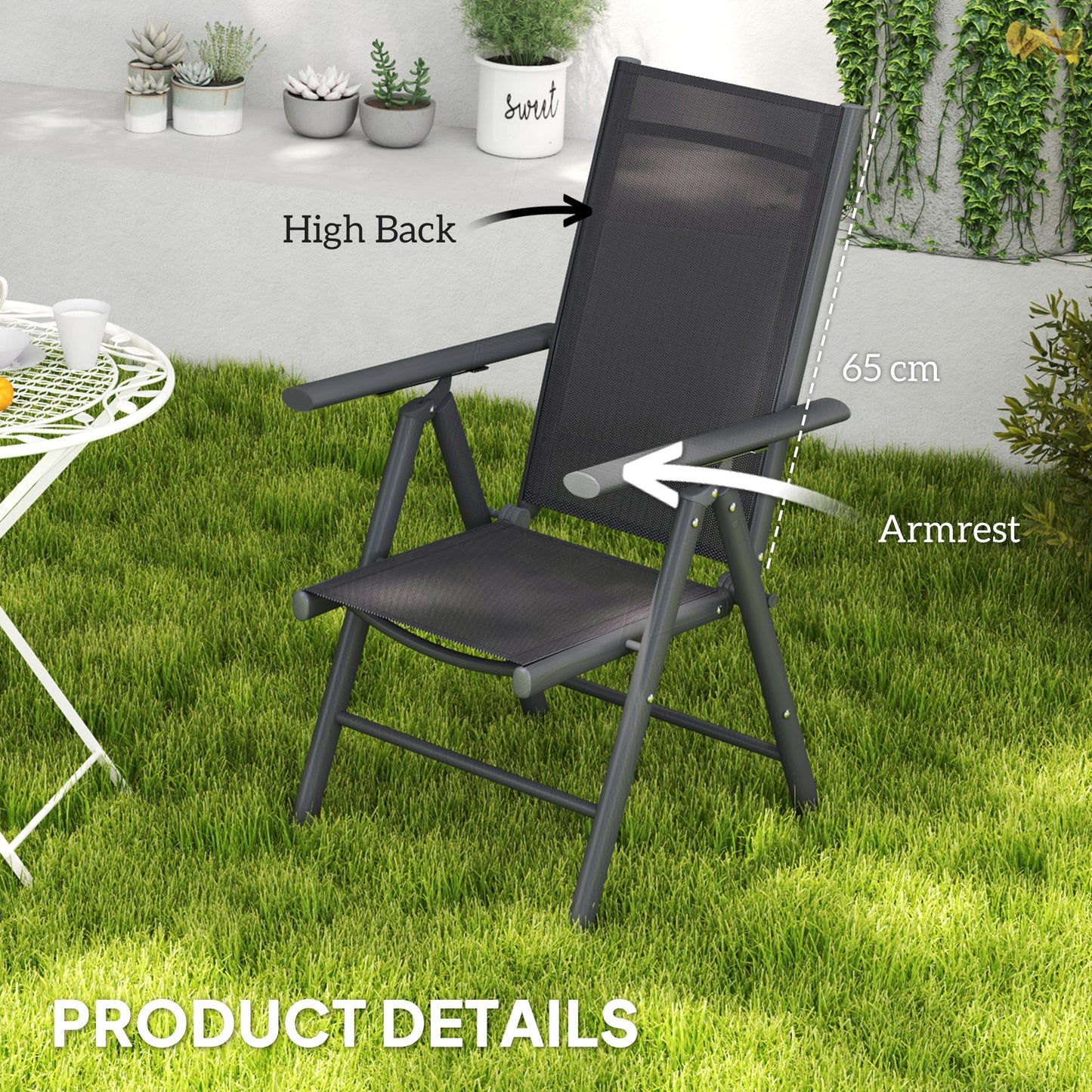 Disusu Set Of 2 Aluminium Dark Grey Folding Garden Dining Chairs With Breathable Mesh