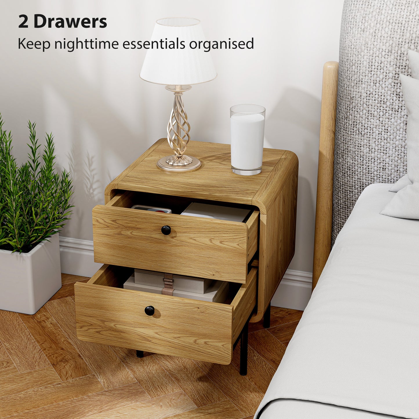 Fafile Lesu Oak Finish Wooden Bedside Table With 2 Drawers And Black Steel Legs