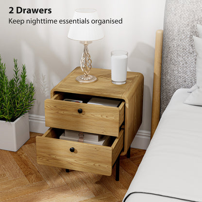 Fafile Lesu Oak Finish Wooden Bedside Table With 2 Drawers And Black Steel Legs