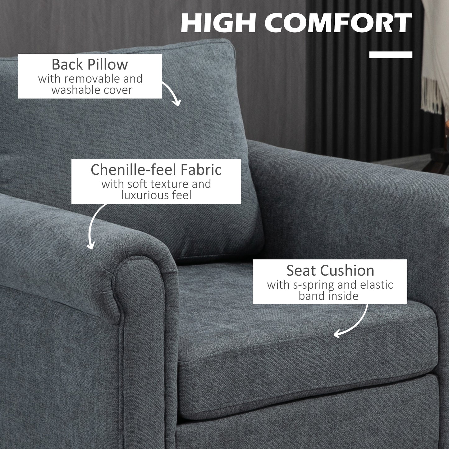 Senemo Grey Vintage Style Accent Chair With Back Cushion Rolled Arms