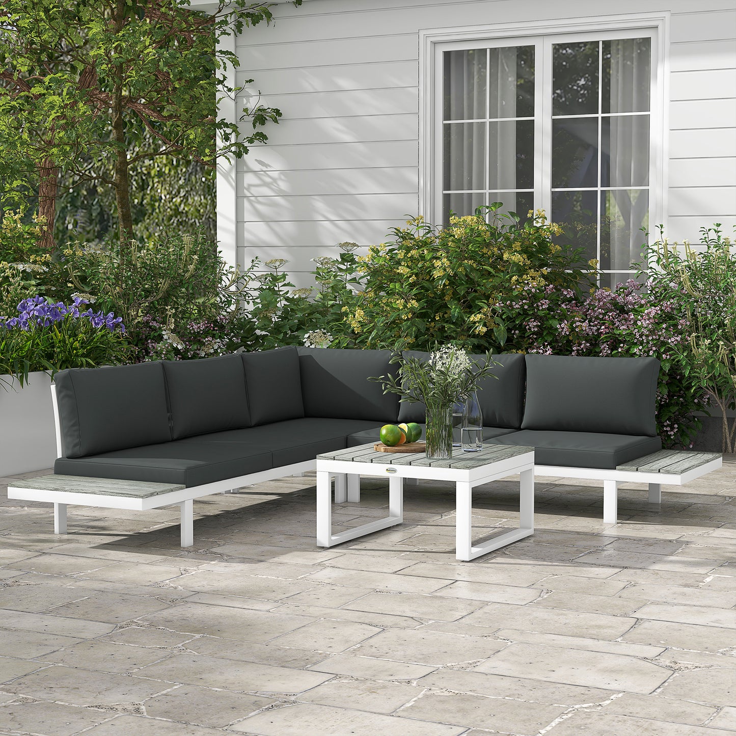 Vayo Metal White Frame 5 Seater Reclining Corner Garden Sofa Set With Wood Effect Table And Grey Cushions