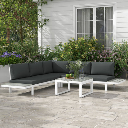 Vayo Metal White Frame 5 Seater Reclining Corner Garden Sofa Set With Wood Effect Table And Grey Cushions