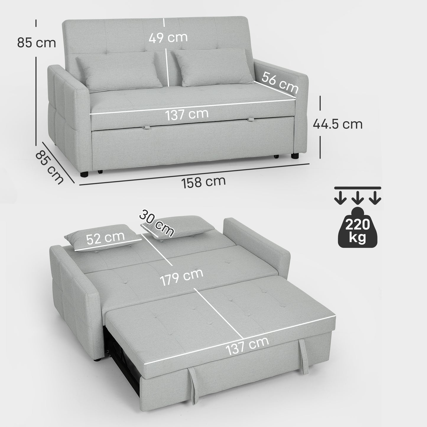 Fapa Light Grey Fabric Upholstered 3 Way Convertible 2 Seater Sofa Bed